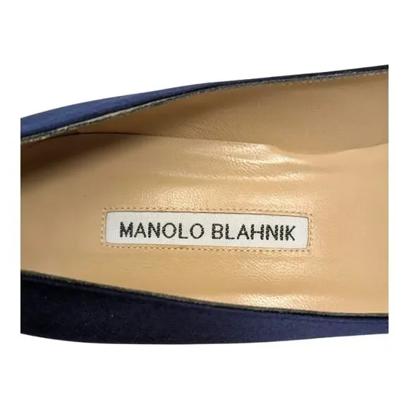 Manolo Blahnik Okkato Jeweled Buckle Crepe de Chine Low Heel Pump Navy 39.5 | 9 - Picture 8 of 12